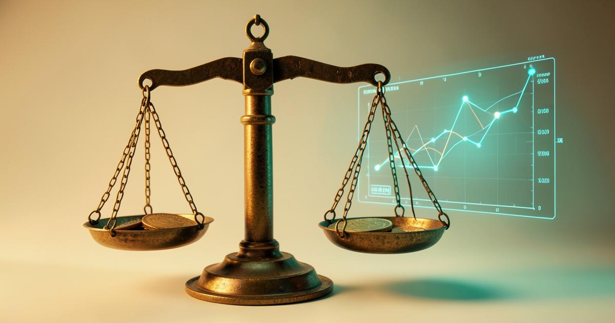 Antique brass scales beside a digital chart hologram — weighing trading costs and spreads